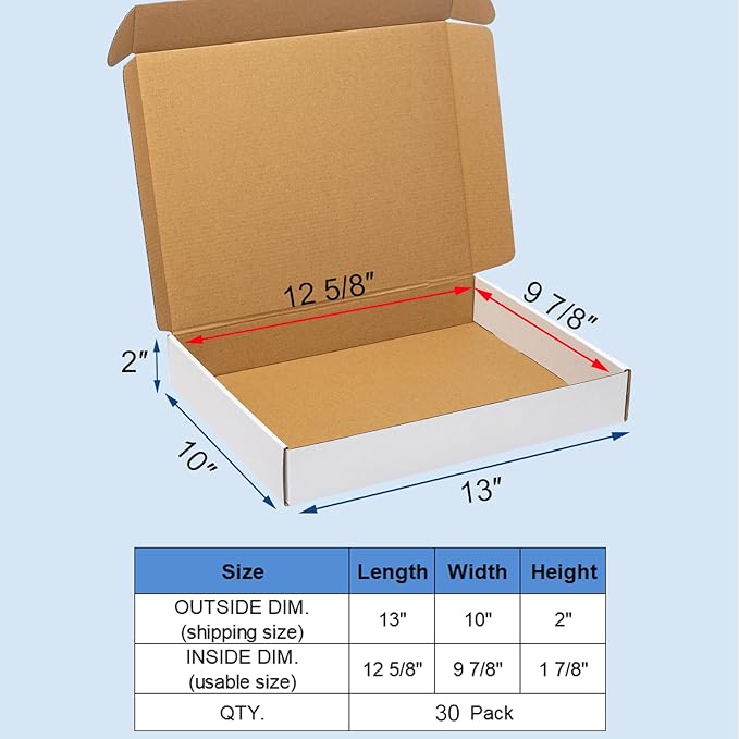 White Shipping Boxes 13x10x2" 30 Pack - Corrugated Cardboard Box Mailers for Small Business, Literature Mailer Packaging Supplies