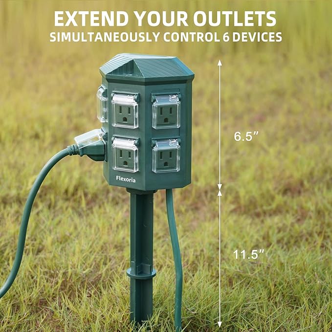 Outdoor Power Strip Waterproof, 60 FT Extension Cord, 6 Grounded Outlets for Christmas Decorations and Inflatables, 15A/1875W, ETL Listed