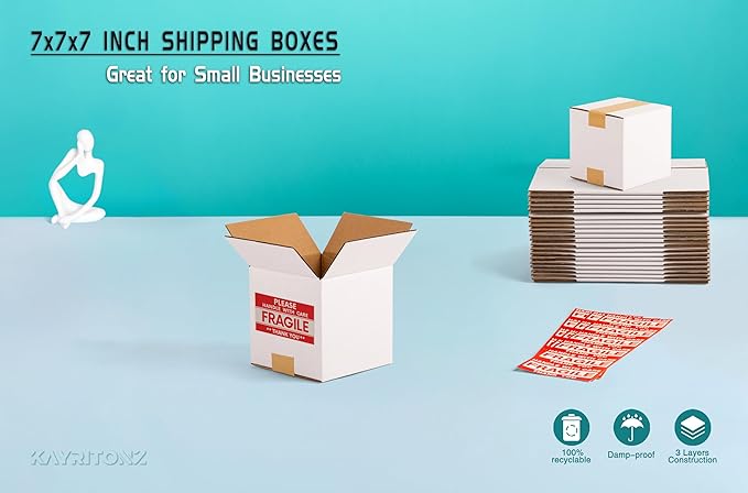 7x7x7 inch Small Shipping Boxes, White Corrugated Cardboard Boxes for E-Commerce, Mailing, Storage, Gifts Wrapping, 15 Pack