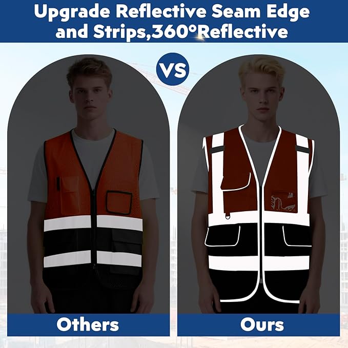 BeautyWill Custom Safety Vest Customized Logo Class 2 High Visibility Reflective Vest with Pockets Construction workwear