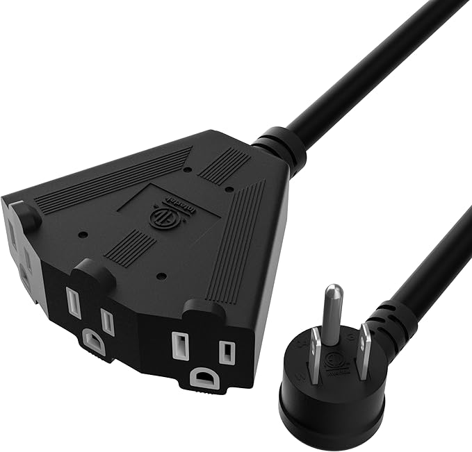 14/3 Gauge Heavy Duty Outdoor Extension Cord 8 FT, 90 Degree Angled 3 Prong Plug, 14 Gauge Power Cable with 3 Outlets, 14AWG, 15A, 125V, 1875W, ETL Listed, Black Wire, with Free Carrying Strap+Ties
