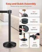 VEVOR Stanchion Post, 6 Pcs Stanchions with Retractable Belts, Carbon Steel Black Stanchions Queue with Sand Injection Hollow Base, Crowd Control Barriers for Theaters, Parties, Weddings, Exhibitions