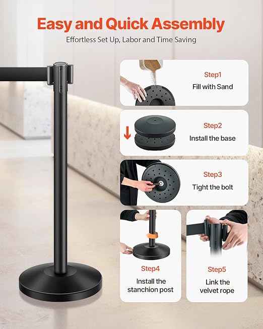 VEVOR Stanchion Post, 8 Pcs Stanchions with Retractable Belts, Carbon Steel Black Stanchions Queue with Sand Injection Hollow Base, Crowd Control Barriers for Theaters, Parties, Weddings, Exhibitions