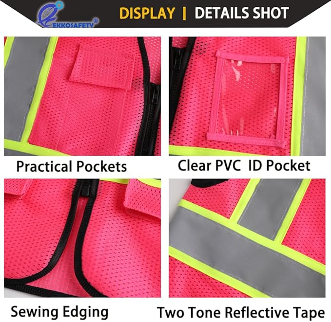 Safety Vest for Men Women,Mesh High Visibility Construction Work Vest with Reflective Strips,Meets ANSI/ISEA Standards(EK175-Mesh-Hot Pink-XL)