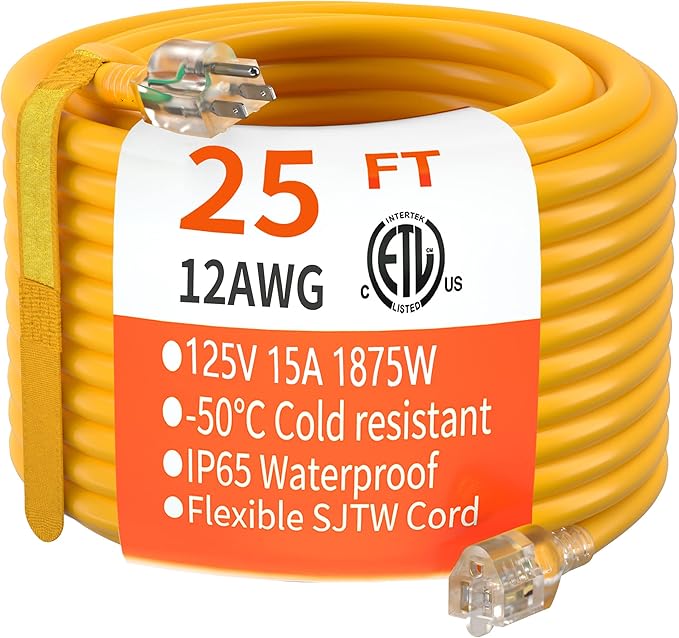 HUANCHAIN 25 ft 12/3 Gauge Heavy Duty Outdoor Extension Cord Waterproof with Lighted, Flexible Cold Weather 3 Prong Electric Cord Outside, 15A 1875W 125V 12AWG SJTW, Yellow, ETL Listed