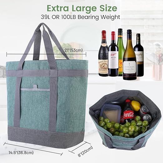 Insulated Cooler Bag, 1PK Insulate Tote Bag for Grocery Shopping, Non-Waterproof Cooler Bags Insulated for Travel/Picnic, Pizza/Food Delivery Bag to Keep Food Cold/Hot (Cationic Cloth, Green)