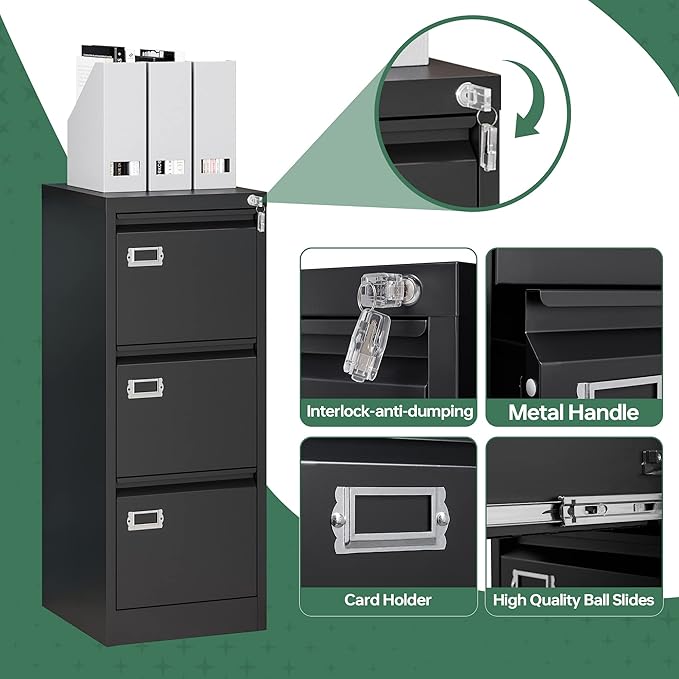Letaya 3 Drawer File Cabinet with Lock,Metal Office Filing Cabinets for Home Office- Storage A4/F4/Letter/Legal -Assembly Required (Black)