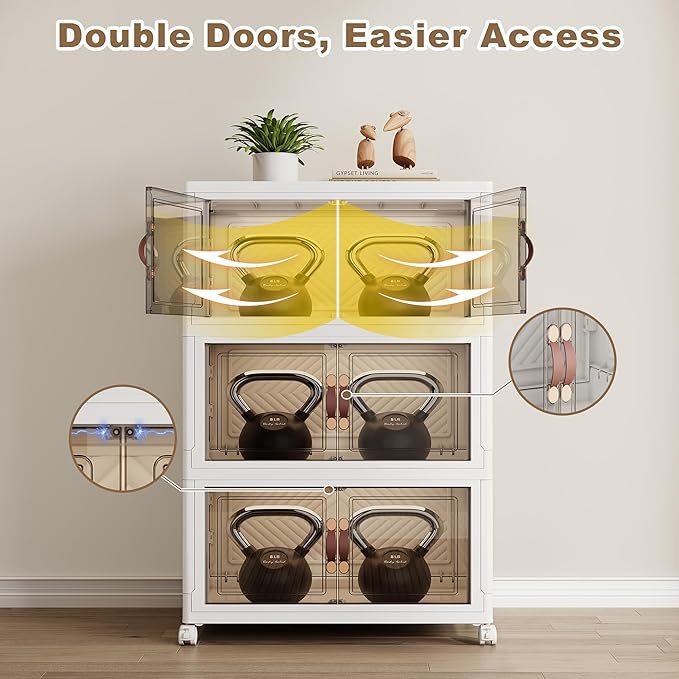 SAILUN 495QT Stackable Storage Bins with Lid, Collapsible Storage Bins With Doors and Wheels, Folding Plastic Cabinet Containers for Home Kitchen Closet Organization, 3 Pack
