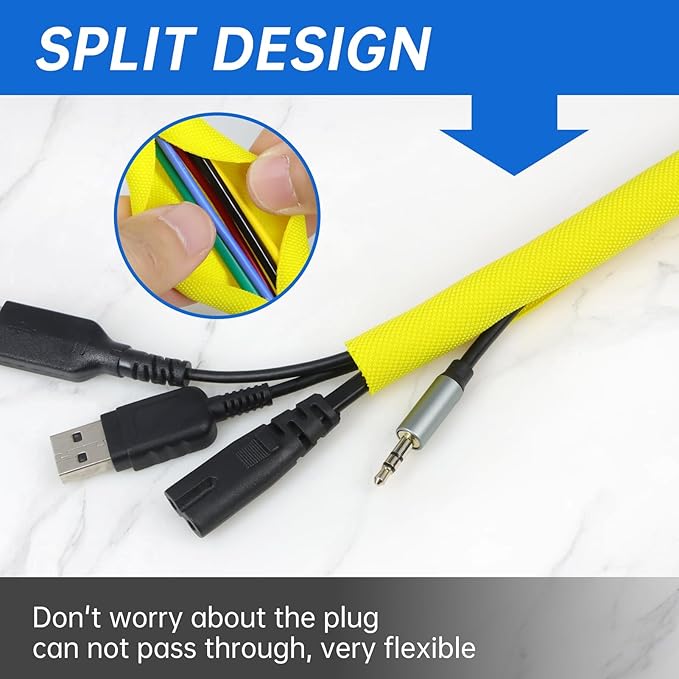 Split Braided Cable Sleeve，Flexible Wire Loom Tubing, Automotive Cord Protector Pet Proof, Cable Management for Computer TV Electric Wires Harness 16ft (Yellow, 25mm（1")