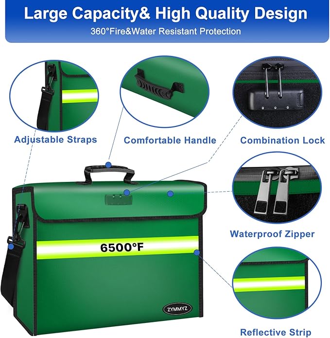 File Organizer Bag with Removable Folder Layers/Wallet,6500°F Fireproof Document Organizer with Lock&Reflective Strip,Portable Home Travel Safe Storage Box for Important Documents(14.1x9.5x4.2 inches)