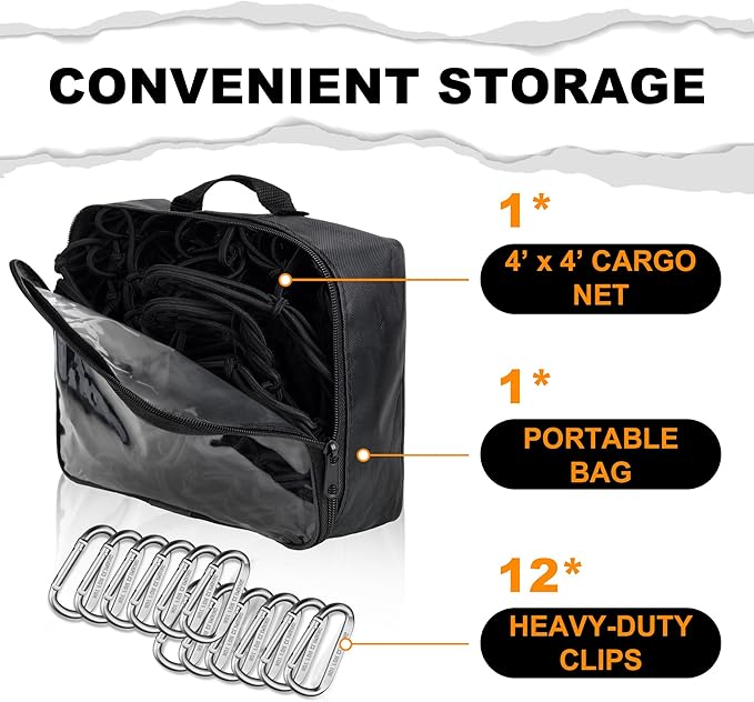 Seven Sparta 4’ x 4’ Large Cargo Net for Pickup Truck Bed Stretches to 7' x 7' for Truck Bed, Trailer, Trunk, SUV with 12 Bonus D Clip Carabiners Cargo Net for Large Loads (Black, 4'x4')