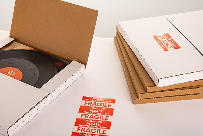 White 12" Vinyl Record Shipping Boxes, 12.8"L x 12.8"W x 1"H Corrugated Cardboard LP Album Mailers Boxes with Fragile Stickers, 25 Pack