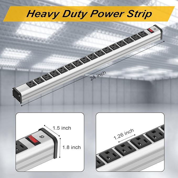 Long Surge Protector Power Strip,16 Outlet Heavy Duty Power Strip Metal Power Bar,10 FT Long Extension Cord with Circuit Breaker for Garage,Workshop,Industrial(125V/1875W, ETL Listed)