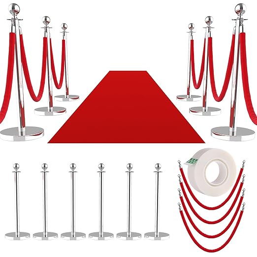 6Pcs Stainless Steel Stanchion Posts with 5ft Red Velvet Ropes - Crowd Control Barriers & Queue Line Kit with 26ft Red Carpet for Wedding, Party, Theater Supplies