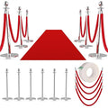 12Pcs Stainless Steel Stanchion Posts with 5ft Red Velvet Ropes - Crowd Control Barriers & Queue Line Kit with 26ft Red Carpet for Wedding, Party, Theater Supplies