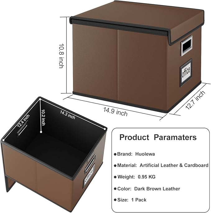 Huolewa Faux Leather File Organizer Box with Lid, Collapsible Hanging File Folder Box Organizer with Plastic Slides, Decorative Home/Office Filing Boxes for File and Folder Storage - Dark Brown