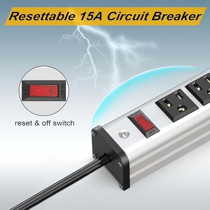 10-Pack Long Surge Protector Power Strip,16 Outlet Heavy Duty Power Strip Metal Power Bar,10 FT Long Extension Cord with Circuit Breaker for Garage,Workshop, 125V/1875W, ETL Listed, Silver