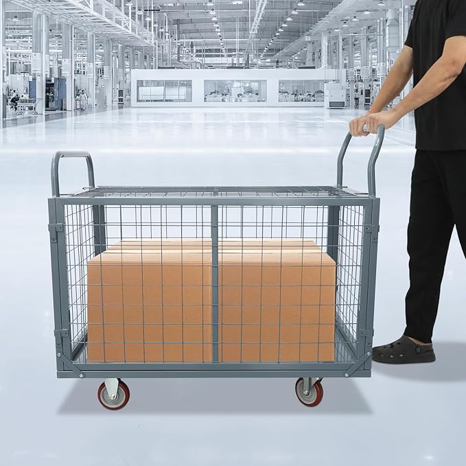 Platform Truck Cart with Cage 2200 lbs, 5-in-1 Folding Hand Truck with Wheels, Convertible Warehouse Cart for Utility, Moving - Heavy Duty Flatbed Carts for Grocery, Laundry, Shelving, Pantry, Grey