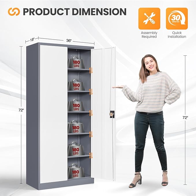 Metal Garage Storage Cabinets with Lock, 72" Tall Tool Cabinet with 2 Door and 5 Adjustable Shelves, Locking Garage Cabinets and Lockable Steel Locker for Home Office Warehouse-(Gray White-72”H)