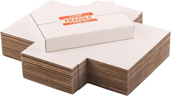 50 Pack 9x6x1.3 inch Shipping Boxes, Easy-Fold Multi-Depth DVD Mailer Box with Fragile Stickers for Mailing, Storing, Package, Gifts, Crafts, Business or Home, White