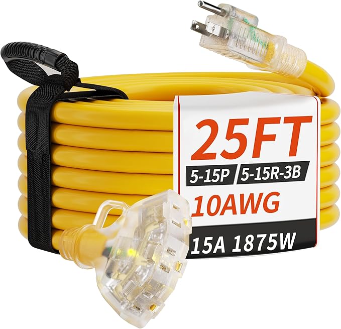 25 FT 10 Gauge Outdoor Extension Cord with Multiple Outlets Light Indicator, Flexible 3 Outlet Weatherproof Heavy Duty Extension Cord Waterproof Yellow, 15A 1875W 10AWG SJTW, ETL Listed