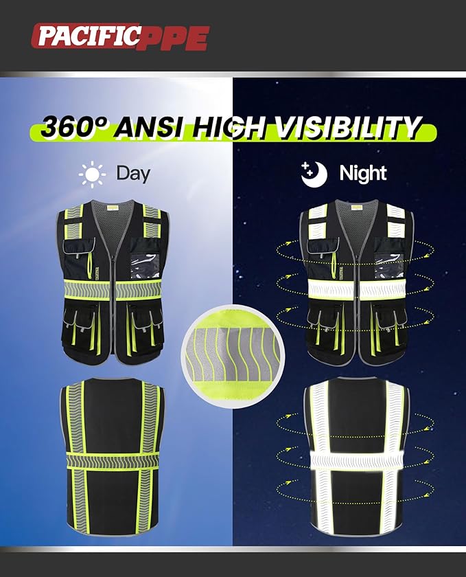 PACIFIC 10 Pockets Class 1 Safety Vest for Men, 3M High Visibility Reflective Strips, Meets ANSI/ISEA Standard, Black, Large