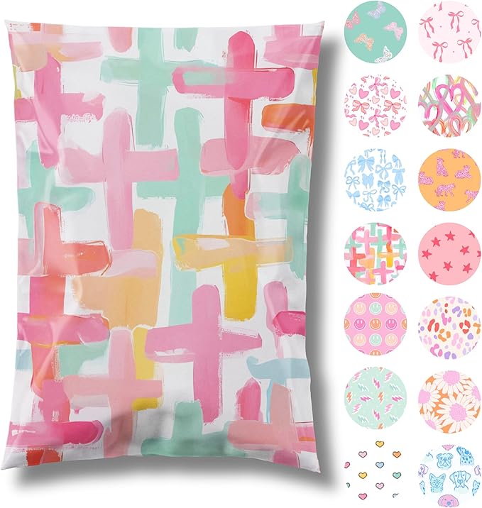 14.5x19 Designer Poly Mailer 100 Pack Heavy Duty Waterproof Self Seal Shipping Bags for Small Business Large Mailing Envelopes Bulk Tear Resistant Packaging Pastel Crosses Faith