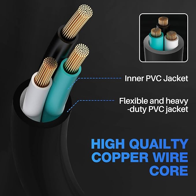 14/3 Gauge Heavy Duty Outdoor Extension Cord 15 FT, 90 Degree Angled 3 Prong Plug, 14 Gauge Power Cable with 3 Outlets, 14AWG, 15A, 125V, 1875W, ETL Listed, Black Wire, with Free Carrying Strap+Ties