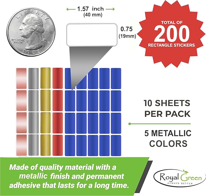 Small Label Stickers Rectangular Tags 1.57 inch x 0.75 inch in 5 Metallic Colors (40mm x 19mm) - 200 Pack by Royal Green