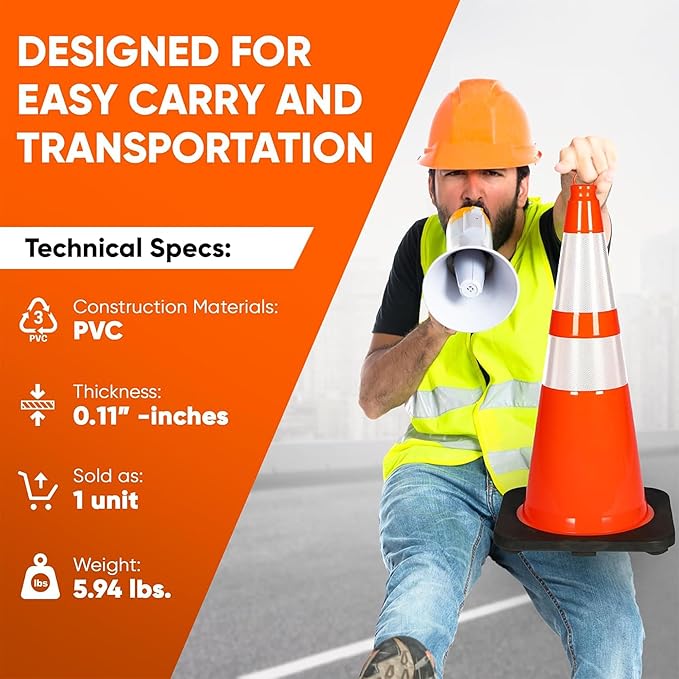 Pyle 28-Inch Safety Traffic Cones, 6-Pack Orange Parking Cones with Reflective Collars, Stackable PVC Construction for Roadwork, Sports Training & Events, Solid High-Density Base for Stability