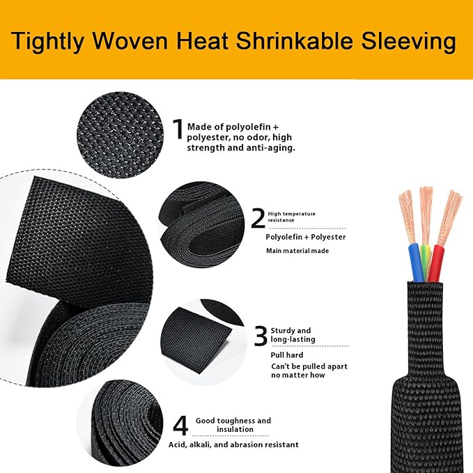 Heat Shrink Braided Sleeving 2:1 Shrinkable Fabric Cable Sheathing Wire Tubing Management Abrasion Protectors Flexibility 3/4" ID-16FT