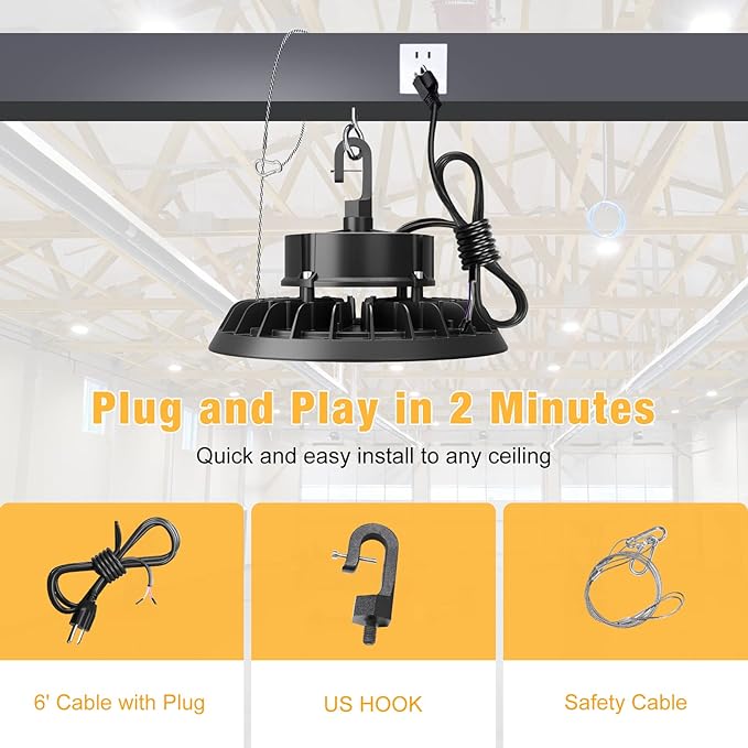 UFO LED High Bay Light 100W 8Pack, High Bay LED Shop Lights 14,000LM Dimmable, 6' Cable with US Plug, Hanging Hook, Safe Rope, High Bay LED Light for Warehouse Factory Barn Shop