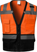 Reflective Safety vest With back plan pocket,High visibility Class 2 Heavy Duty Surveyor Vest with Zipper,Hi Vis Construction Work Vest for Men＆Women ANSI/ISEA(Orange-Bottom,4XL)