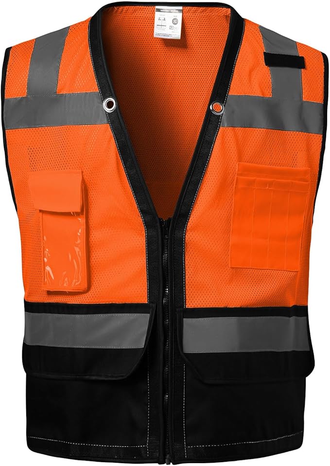 Reflective Safety vest With back plan pocket,High visibility Class 2 Heavy Duty Surveyor Vest with Zipper,Hi Vis Construction Work Vest for Men＆Women ANSI/ISEA(Orange-Bottom,L)