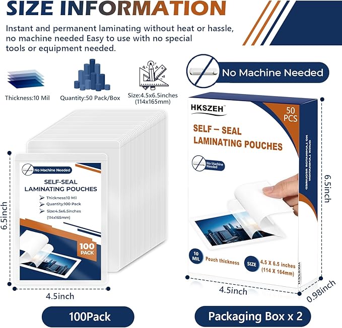 100 Pack 10 Mil 4"x6" Self Sealing Laminating Pouches Self Adhesive Lamination Pouches Clear Laminate Sheets for Office School Home Supplies(No Heat Laminating Sheets & No Laminator Machine Need)