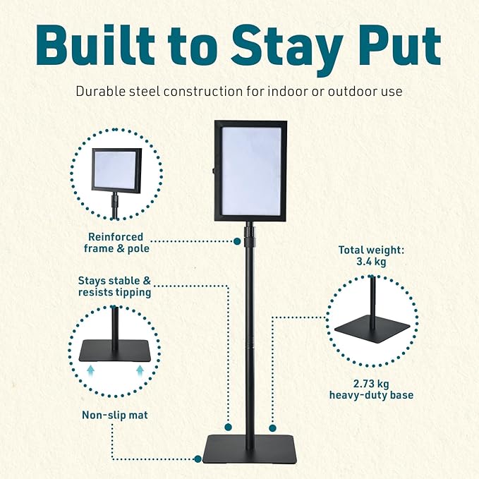 1 PACK Double-Sided Adjustable Heavy Duty Pedestal Sign Holder Stand for Display - Indoor/Outdoor Floor Sign Stand with Base 8.5x11 inches (Horizontal and Vertical Orientation) - includes dry erase marker
