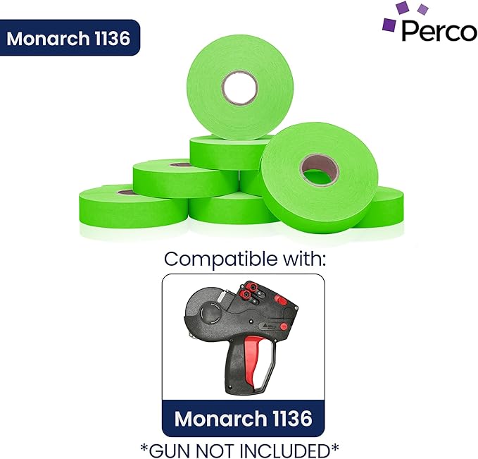 Perco Fluorescent Green Pricing Labels for Monarch 1136 Price Gun – 3 Sleeves, 24 Rolls Value Pack - 42,000 Price Marking Labels – with Ink Rolls Included