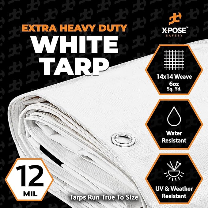 Heavy Duty White Poly Tarp 24' X 24' - Bulk Half Pallet (25 Pack) - Multipurpose Protective Cover - Durable, Weather Proof & Tear Resistant - 12 Mil Thick Polyethylene - by Xpose Safety