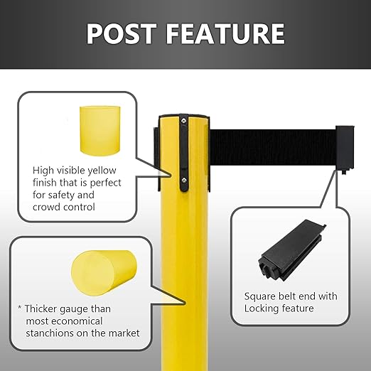 VIP Crowd Control Retractable Belt Stanchion Queue Safety Barrier Set, 36" Ht, 78" Belt (2 YEL Posts Blue Belt)