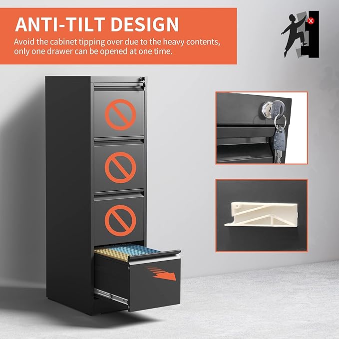 4 Drawer Locking File Cabinet with Wheels,Black Metal Mobile Filing Cabinets,Vertical File Cabinet for Home Office,Rolling Storage Cabinet for A4/Letter/Legal Size File,Assembly Required