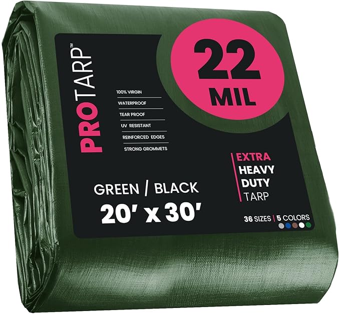 PROTARP Extreme Heavy Duty 22 Mil Tarp Cover, Waterproof, UV Resistant, Rip and Tear Proof, Poly Tarpaulin with Reinforced Edges for Roof, Camping, Patio, Pool, Boat. (Green/Black 20′ X 30′)