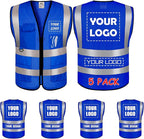 BeautyWill 5 Pack Mesh Safety Vest Custom Logo Class 2 High Visibility Reflective Vest with Pockets Construction Security Work Vest Blue