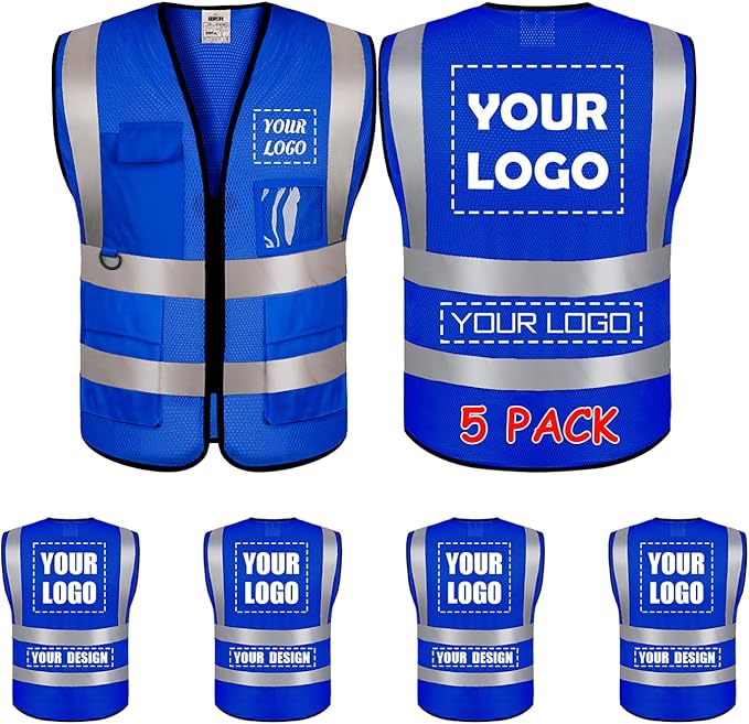 BeautyWill 5 Pack Mesh Safety Vest Custom Logo Class 2 High Visibility Reflective Vest with Pockets Construction Security Work Vest Blue