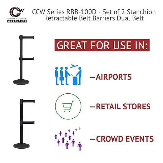 Crowd Control Warehouse CCW Series RBB-100D Set of 2 Stanchion Retractable Belt Barriers - Sloped Base, 7.5 Foot, Light Blue Dual Belt with Black Post - Easy Assembly