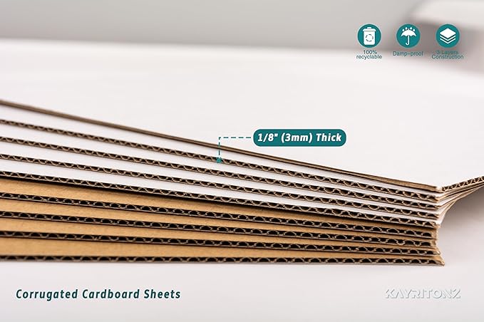 12.5x12.5 inch Corrugated Cardboard Sheets - 12" LP Record Insert Pads for Shipping, Mailing, Packaging, Art Supplies, DIY Crafts, 1/8" Thick Protective Sheets, One-Side White, 50 PCS