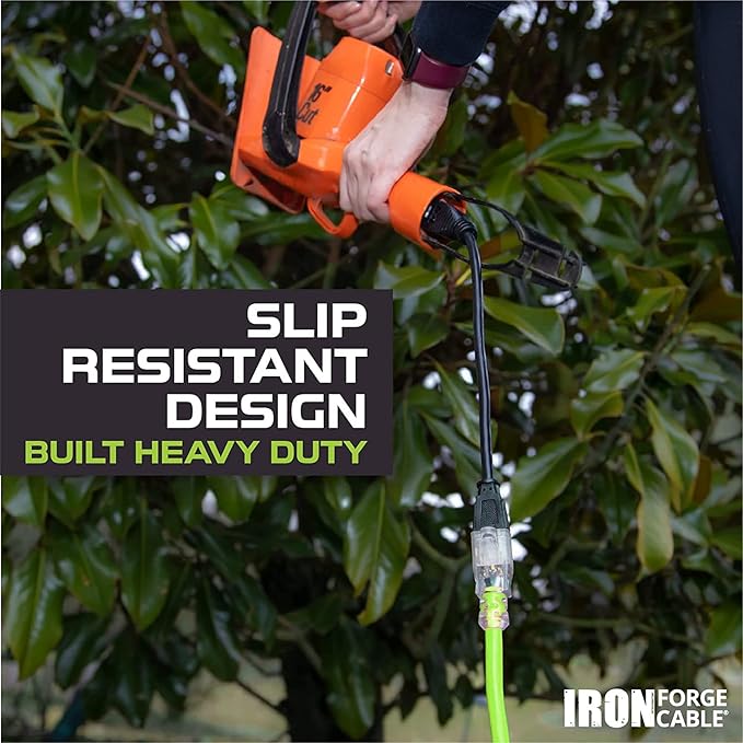 Iron Forge Cable Weatherproof 100 Ft Outdoor Extension Cord - 16/3 SJTW 13 Amp Heavy Duty Neon Green High Visibility Cable with 3 Prong - Lighted End