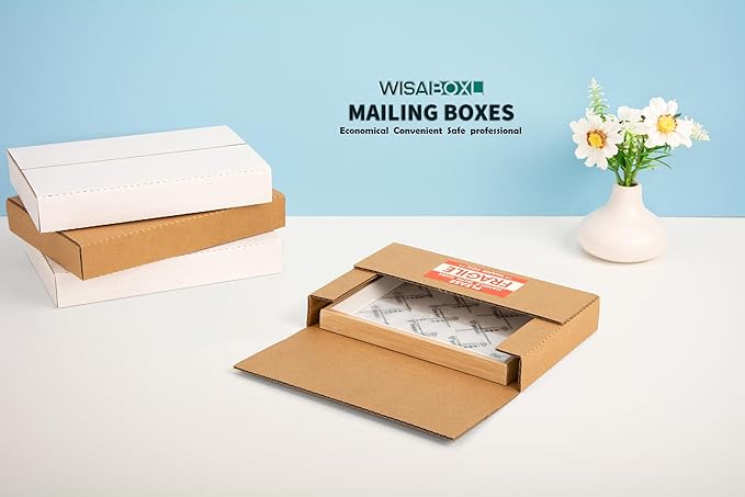 50 Pack 9x6x1.3 inch Shipping Boxes, Easy-Fold Multi-Depth DVD Mailer Box with Fragile Stickers for Mailing, Storing, Package, Gifts, Crafts, Business or Home, Brown