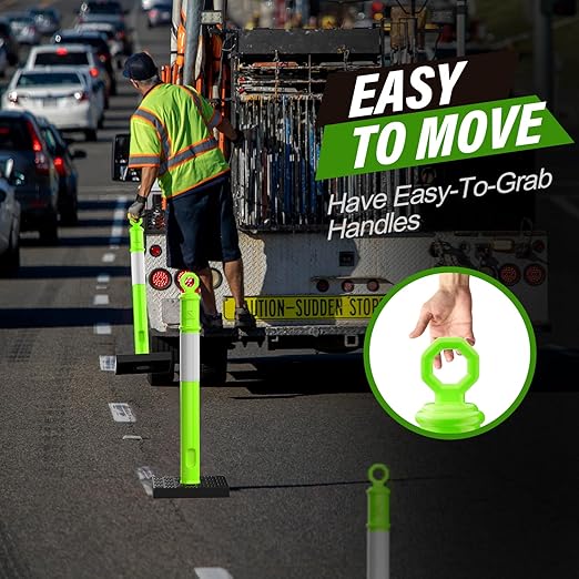 RoadHero 45 Inch Delineator Post with Base, Portable Lime Green Traffic Delineator Posts Cones with Reflective Collars for Parking Lots, Road Safety, Construction Events (6 Pack)