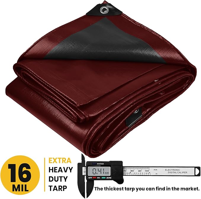 PROTARP Extra Heavy Duty 16 Mil Tarp Cover, Waterproof, UV Resistant, Rip and Tear Proof, Poly Tarpaulin with Reinforced Edges for Roof, Camping, Patio, Pool, Boat. (Maroon/Black 30′ X 30′)