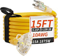 15 FT 10 Gauge Outdoor Extension Cord with Multiple Outlets Light Indicator, Flexible 3 Outlet Weatherproof Heavy Duty Extension Cord Waterproof Yellow, 15A 1875W 10AWG SJTW, ETL Listed